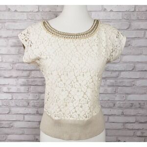 Anthropologie Tabitha Sz Small‎ lace cashmere top pearl collar romantic preppy